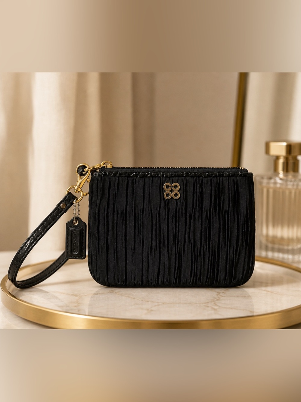 Coach Black Satin   Pleated Wristlet with Gold Accents